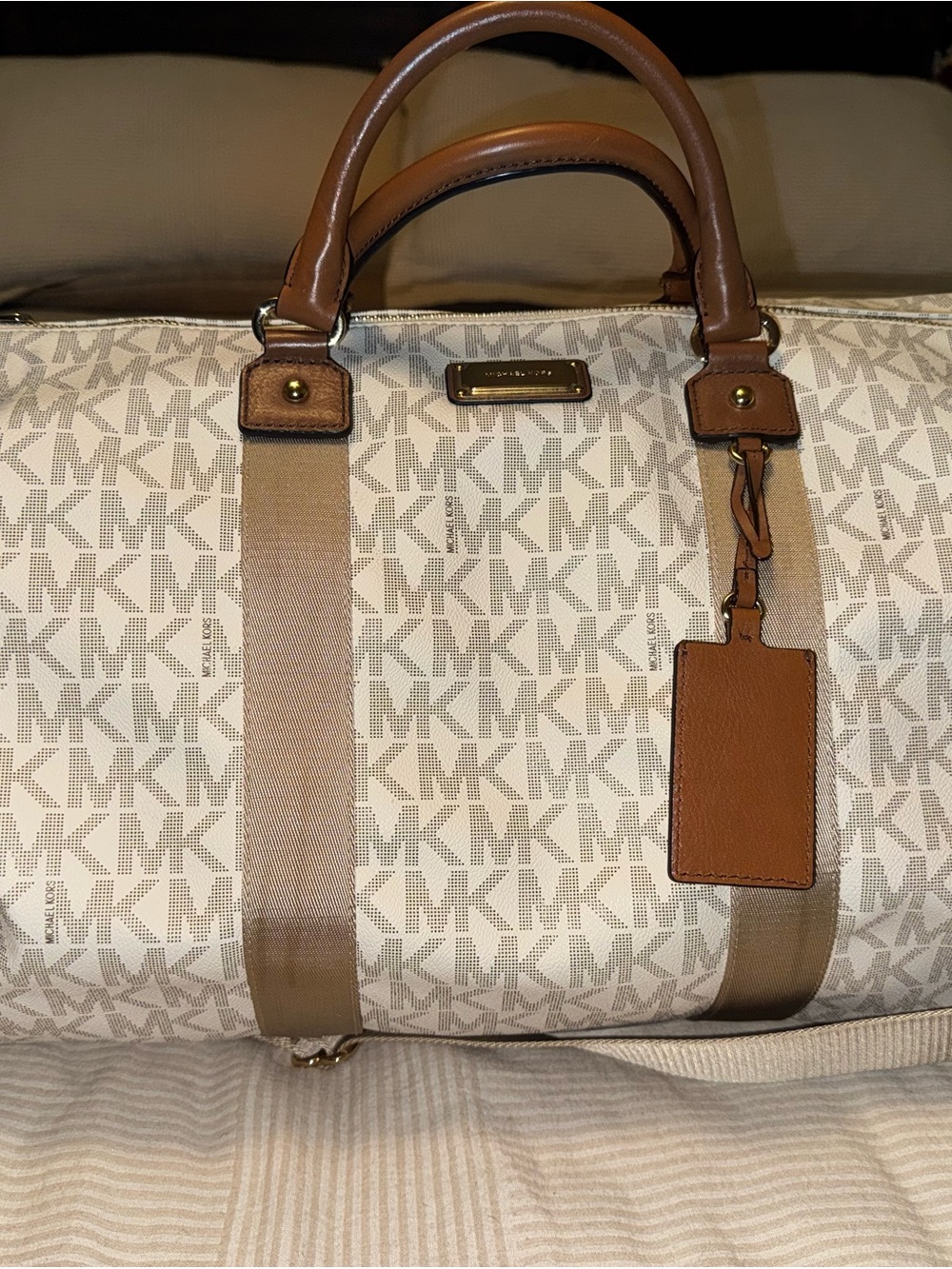 Michael Kors Cream & Brown Monogram Duffel Bag